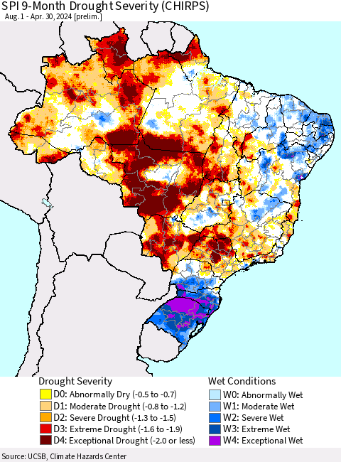 Brazil SPI 9-Month Drought Severity (CHIRPS) Thematic Map For 8/1/2023 - 4/30/2024