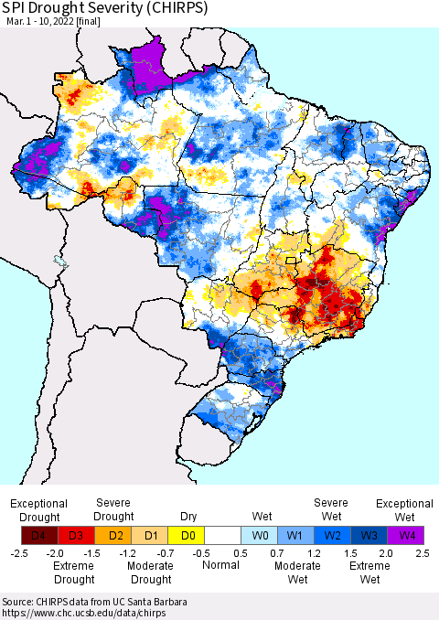 Brazil SPI Drought Severity (CHIRPS) Thematic Map For 3/1/2022 - 3/10/2022