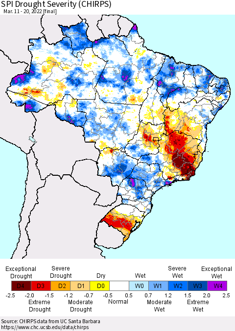 Brazil SPI Drought Severity (CHIRPS) Thematic Map For 3/11/2022 - 3/20/2022
