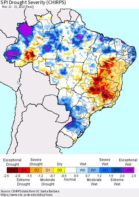 Brazil SPI Drought Severity (CHIRPS) Thematic Map For 3/21/2022 - 3/31/2022