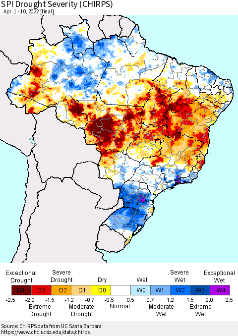 Brazil SPI Drought Severity (CHIRPS) Thematic Map For 4/1/2022 - 4/10/2022