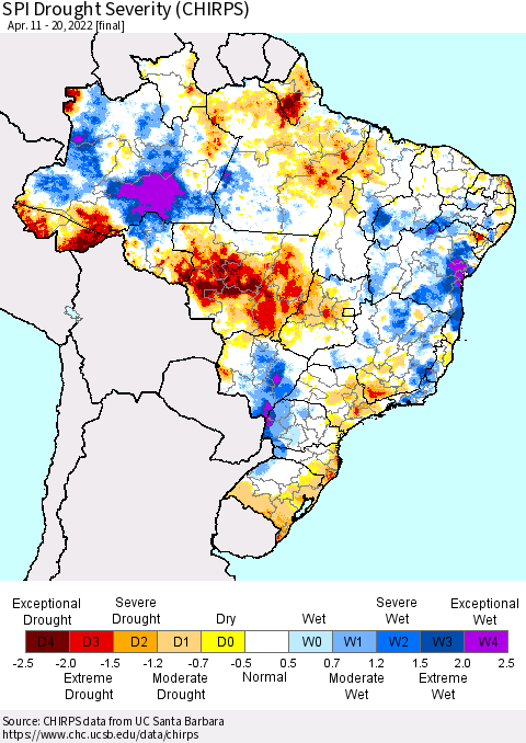 Brazil SPI Drought Severity (CHIRPS) Thematic Map For 4/11/2022 - 4/20/2022