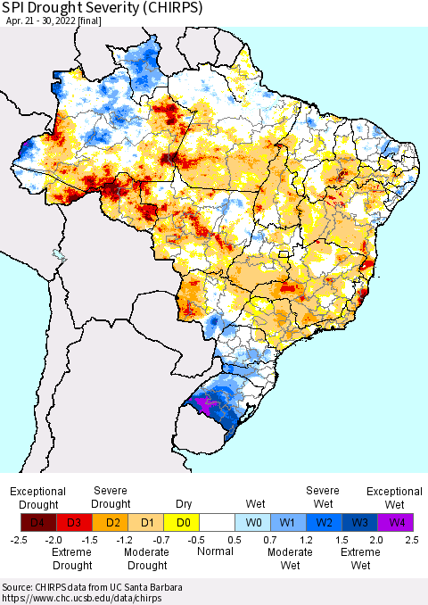 Brazil SPI Drought Severity (CHIRPS) Thematic Map For 4/21/2022 - 4/30/2022
