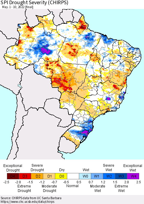 Brazil SPI Drought Severity (CHIRPS) Thematic Map For 5/1/2022 - 5/10/2022