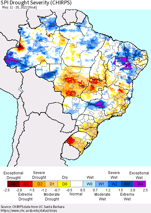 Brazil SPI Drought Severity (CHIRPS) Thematic Map For 5/11/2022 - 5/20/2022