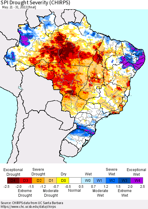 Brazil SPI Drought Severity (CHIRPS) Thematic Map For 5/21/2022 - 5/31/2022