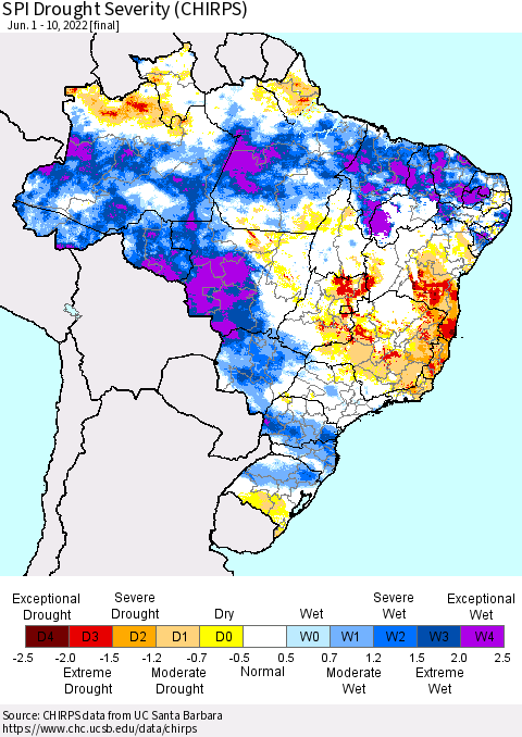 Brazil SPI Drought Severity (CHIRPS) Thematic Map For 6/1/2022 - 6/10/2022