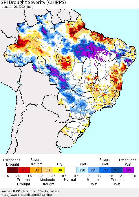 Brazil SPI Drought Severity (CHIRPS) Thematic Map For 6/11/2022 - 6/20/2022