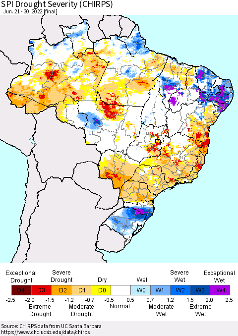 Brazil SPI Drought Severity (CHIRPS) Thematic Map For 6/21/2022 - 6/30/2022