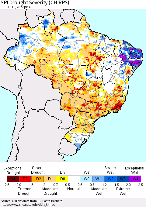 Brazil SPI Drought Severity (CHIRPS) Thematic Map For 7/1/2022 - 7/10/2022