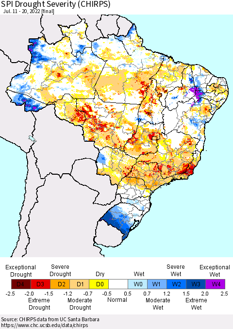 Brazil SPI Drought Severity (CHIRPS) Thematic Map For 7/11/2022 - 7/20/2022