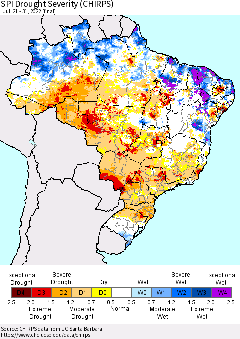 Brazil SPI Drought Severity (CHIRPS) Thematic Map For 7/21/2022 - 7/31/2022