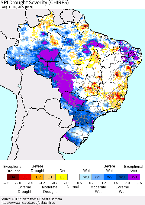 Brazil SPI Drought Severity (CHIRPS) Thematic Map For 8/1/2022 - 8/10/2022