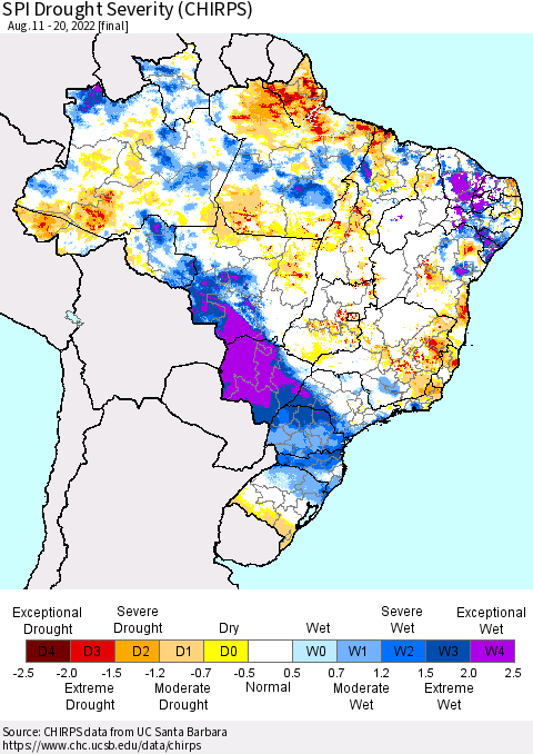 Brazil SPI Drought Severity (CHIRPS) Thematic Map For 8/11/2022 - 8/20/2022