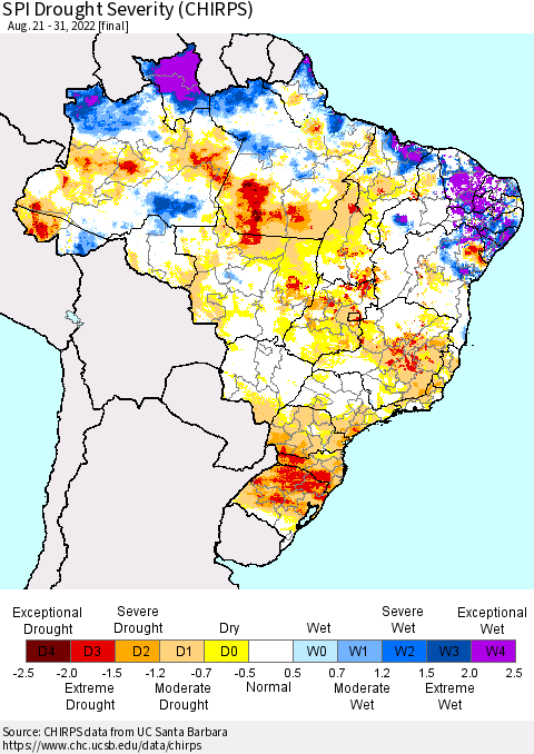Brazil SPI Drought Severity (CHIRPS) Thematic Map For 8/21/2022 - 8/31/2022