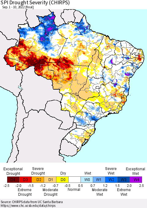 Brazil SPI Drought Severity (CHIRPS) Thematic Map For 9/1/2022 - 9/10/2022