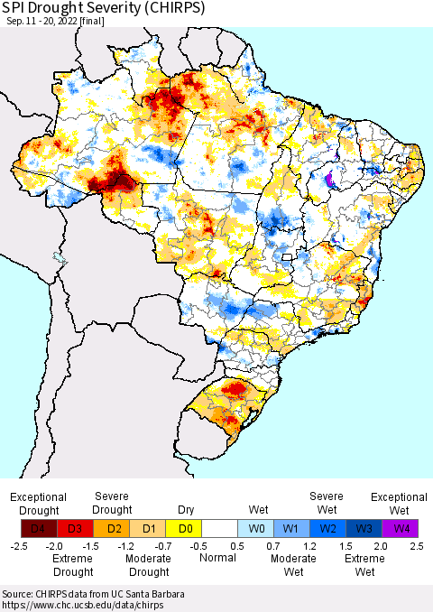 Brazil SPI Drought Severity (CHIRPS) Thematic Map For 9/11/2022 - 9/20/2022