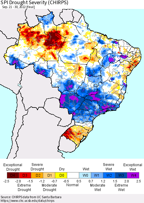 Brazil SPI Drought Severity (CHIRPS) Thematic Map For 9/21/2022 - 9/30/2022