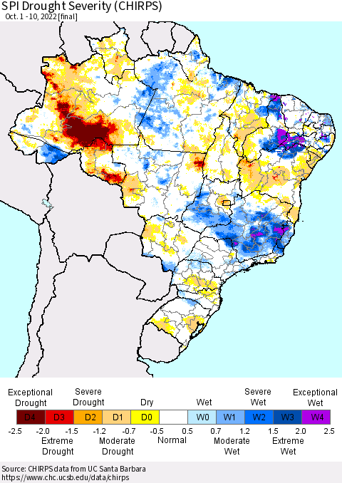 Brazil SPI Drought Severity (CHIRPS) Thematic Map For 10/1/2022 - 10/10/2022
