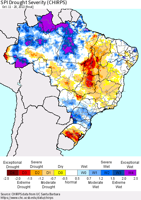 Brazil SPI Drought Severity (CHIRPS) Thematic Map For 10/11/2022 - 10/20/2022