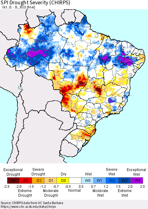 Brazil SPI Drought Severity (CHIRPS) Thematic Map For 10/21/2022 - 10/31/2022