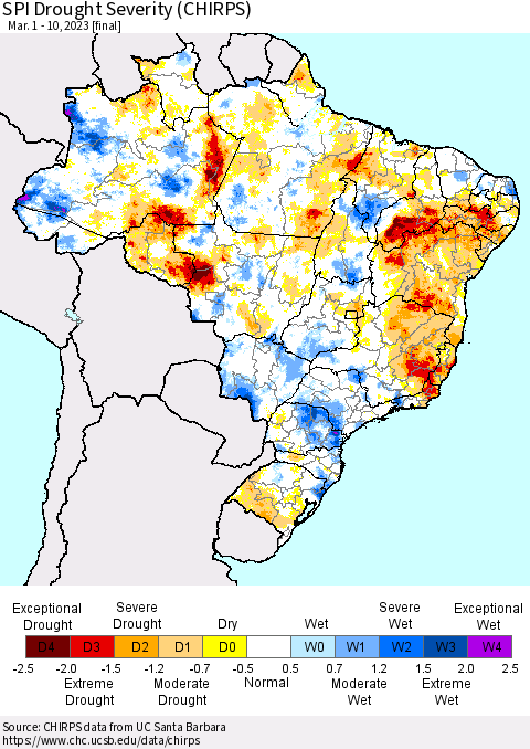 Brazil SPI Drought Severity (CHIRPS) Thematic Map For 3/1/2023 - 3/10/2023