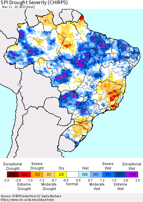 Brazil SPI Drought Severity (CHIRPS) Thematic Map For 3/11/2023 - 3/20/2023