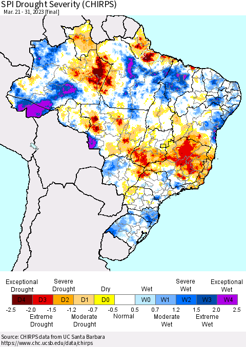 Brazil SPI Drought Severity (CHIRPS) Thematic Map For 3/21/2023 - 3/31/2023