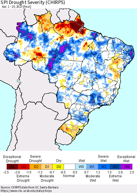 Brazil SPI Drought Severity (CHIRPS) Thematic Map For 4/1/2023 - 4/10/2023