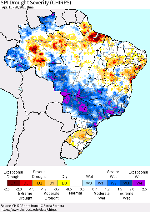 Brazil SPI Drought Severity (CHIRPS) Thematic Map For 4/11/2023 - 4/20/2023