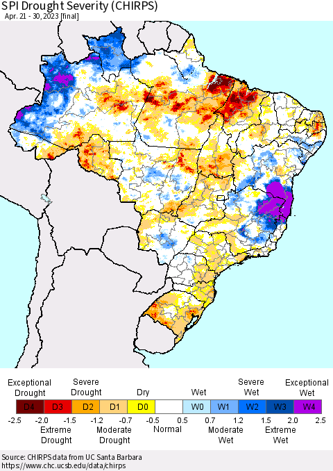 Brazil SPI Drought Severity (CHIRPS) Thematic Map For 4/21/2023 - 4/30/2023