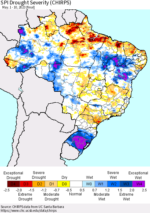 Brazil SPI Drought Severity (CHIRPS) Thematic Map For 5/1/2023 - 5/10/2023