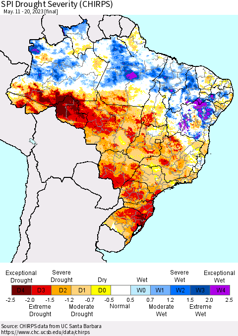 Brazil SPI Drought Severity (CHIRPS) Thematic Map For 5/11/2023 - 5/20/2023
