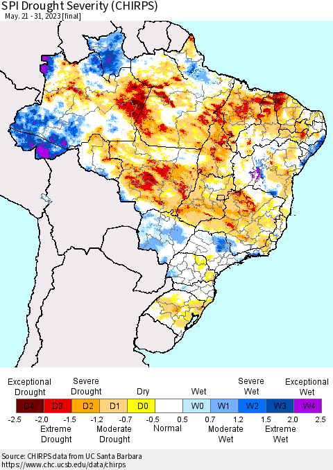 Brazil SPI Drought Severity (CHIRPS) Thematic Map For 5/21/2023 - 5/31/2023