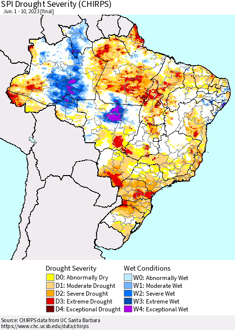 Brazil SPI Drought Severity (CHIRPS) Thematic Map For 6/1/2023 - 6/10/2023
