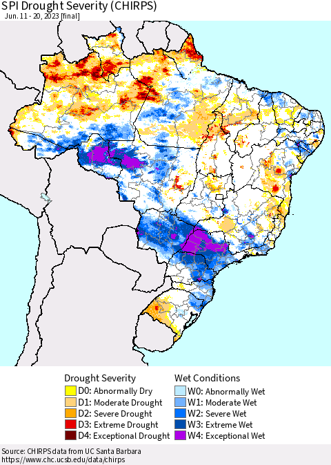 Brazil SPI Drought Severity (CHIRPS) Thematic Map For 6/11/2023 - 6/20/2023