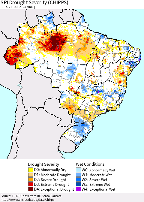 Brazil SPI Drought Severity (CHIRPS) Thematic Map For 6/21/2023 - 6/30/2023