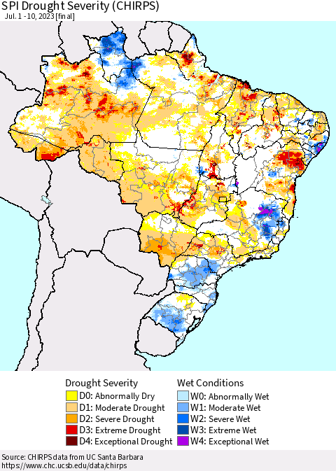 Brazil SPI Drought Severity (CHIRPS) Thematic Map For 7/1/2023 - 7/10/2023