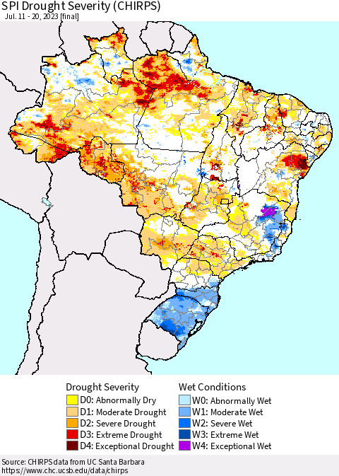 Brazil SPI Drought Severity (CHIRPS) Thematic Map For 7/11/2023 - 7/20/2023