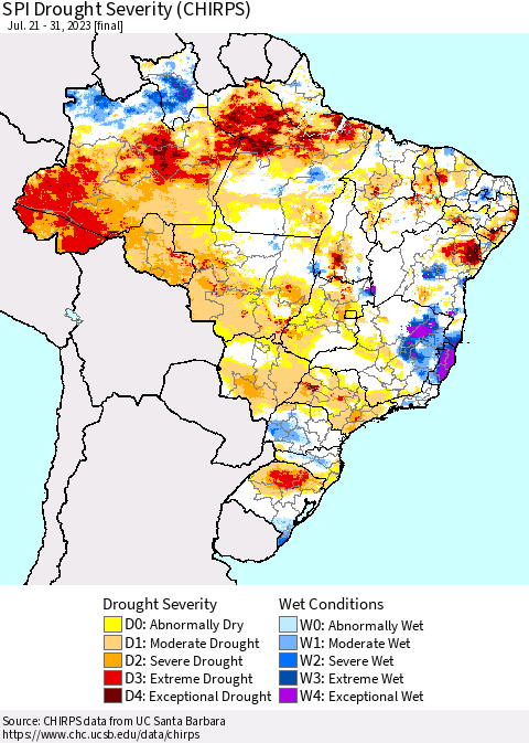 Brazil SPI Drought Severity (CHIRPS) Thematic Map For 7/21/2023 - 7/31/2023