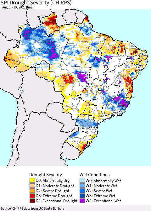 Brazil SPI Drought Severity (CHIRPS) Thematic Map For 8/1/2023 - 8/10/2023