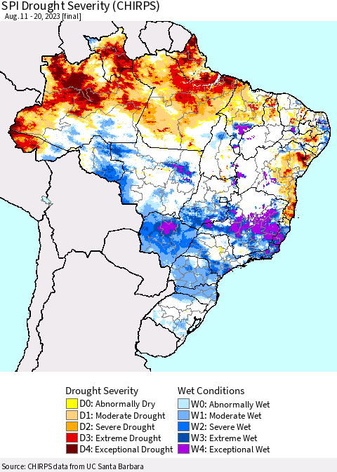 Brazil SPI Drought Severity (CHIRPS) Thematic Map For 8/11/2023 - 8/20/2023