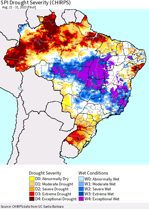 Brazil SPI Drought Severity (CHIRPS) Thematic Map For 8/21/2023 - 8/31/2023