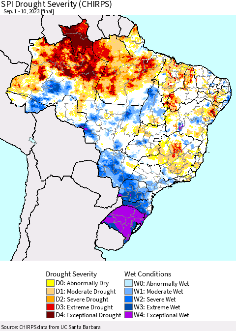 Brazil SPI Drought Severity (CHIRPS) Thematic Map For 9/1/2023 - 9/10/2023