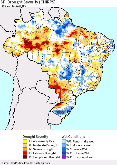 Brazil SPI Drought Severity (CHIRPS) Thematic Map For 9/21/2023 - 9/30/2023