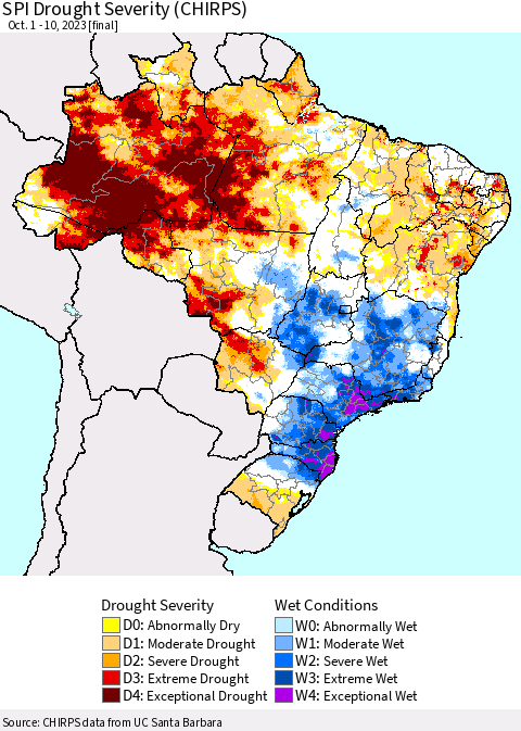 Brazil SPI Drought Severity (CHIRPS) Thematic Map For 10/1/2023 - 10/10/2023