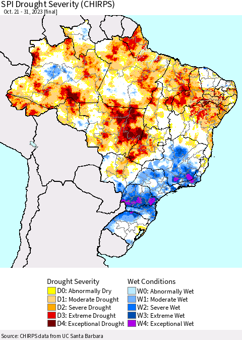 Brazil SPI Drought Severity (CHIRPS) Thematic Map For 10/21/2023 - 10/31/2023