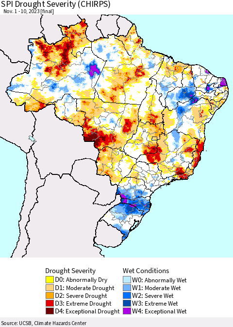 Brazil SPI Drought Severity (CHIRPS) Thematic Map For 11/1/2023 - 11/10/2023