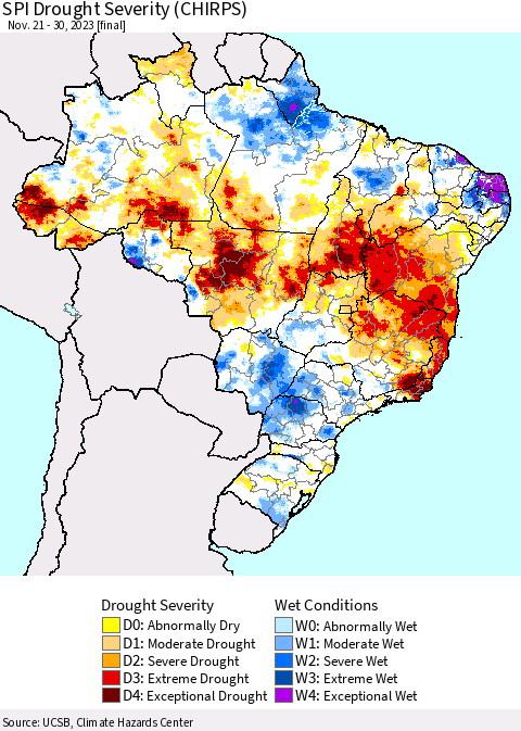 Brazil SPI Drought Severity (CHIRPS) Thematic Map For 11/21/2023 - 11/30/2023