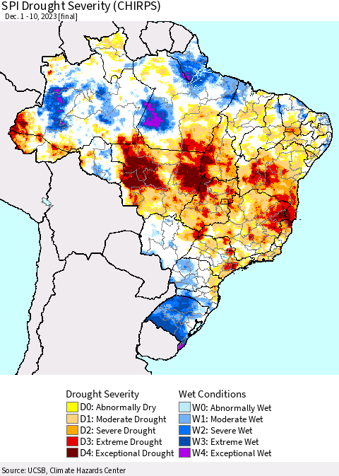 Brazil SPI Drought Severity (CHIRPS) Thematic Map For 12/1/2023 - 12/10/2023